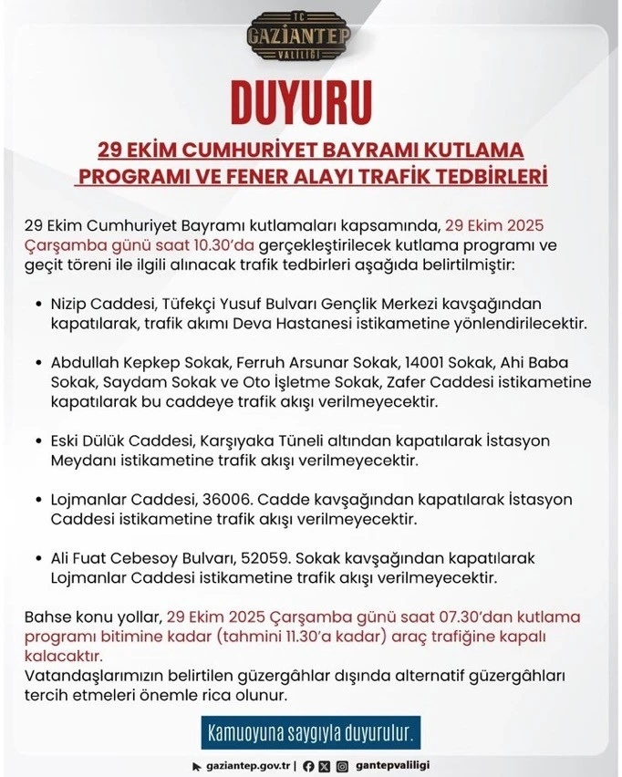 29 Ekim Cumhuriyet Bayramı Kutlamaları İçin Trafik Düzenlemesi
