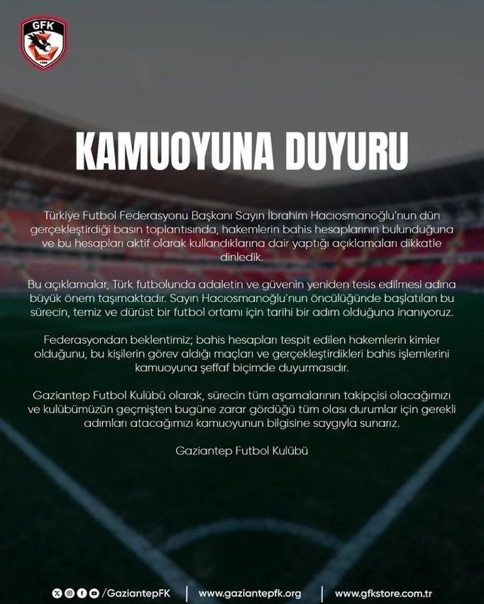 Gaziantep FK: “Türk Futbolunda Temiz Bir Dönem Başlamalı”