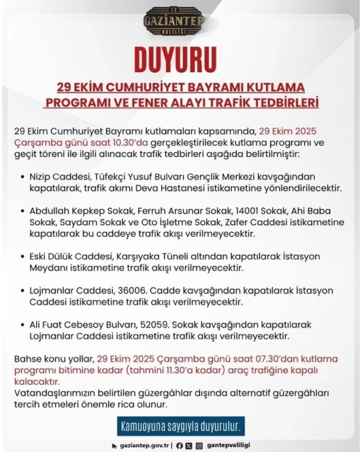 29 Ekim Cumhuriyet Bayramı Kutlamaları İçin Trafik Düzenlemesi