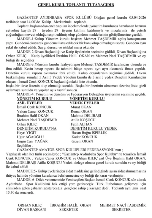 Gaziantep Aydınbabaspor Kul&uuml;b&uuml; Genel Kurul Toplantı Tutanağı 