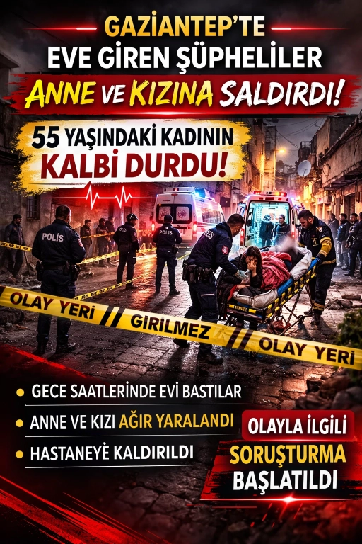 Gaziantep&rsquo;te Eve Giren Ş&uuml;pheliler Anne ve Kızına Saldırdı: 55 Yaşındaki Kadının Kalbi Durdu