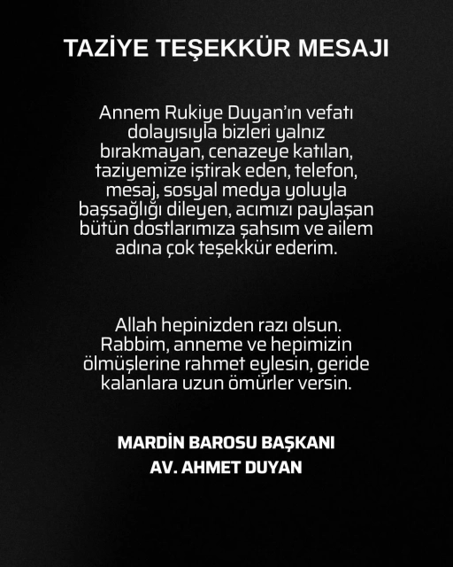 Mardin Baro Başkanı Duyan'ın Taziye Mesajı
